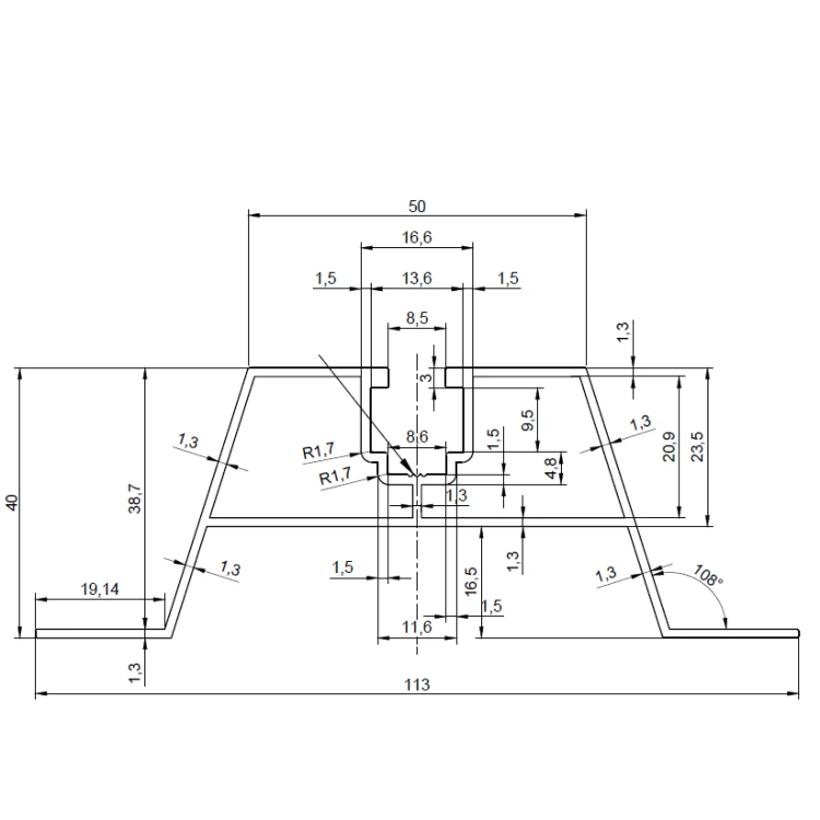 Hliníkový trapézový můstek H100 L330 s těsněním EPDM 2 mm pro montáž FV 001-779 (2)