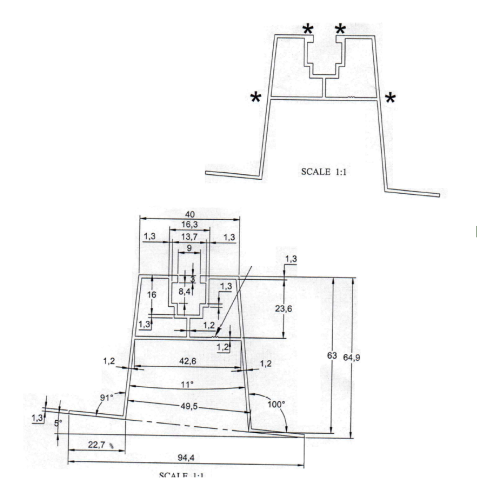Šikmý trapézový můstek s těsněním EPDM H63 L330 – hliníkový střešní adaptér PV 001-776 (2)
