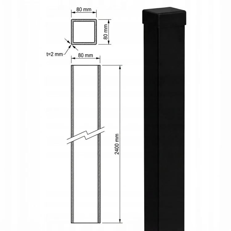 Plotový sloupek 80x80x2 mm, délka 2,4 m, černý GPV-700-74 (3)