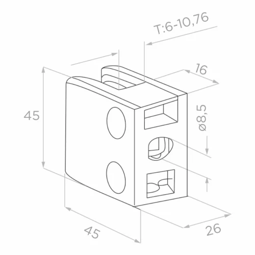 Držák skla 45x45x26 mm, sklo 6-10,76 mm, AISI 304, plochý systém, satén 000-260 (2)