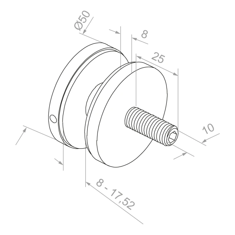 Bodový držák skla fi 50/8/M10x50, sklo 8-17,52 mm, AISI 304, plochý systém, satén 000-266 (3)