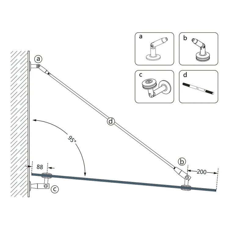 Systém skleněných přístřešků M10 3-dílný odtah fi 10 mm sklo 8-17,52 mm AISI 304 satén 000-261 (5)