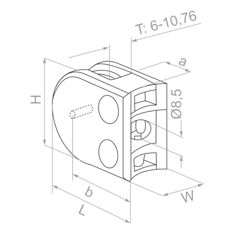 Držák skla 50x40x26 mm s pinem, sklo 6-10,76 mm, AISI 304, systém 42,4, lesk 000-264 (3)