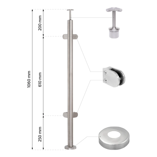 Rohový zábradlový sloupek pro sklo fi 42,4x1060/1102,4mm 4 držáky broušený 000-559 (2)