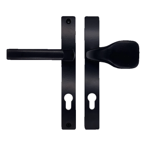 Černá dveřní klika-koule se štítkem PZ 90 mm – H240 × L30 mm