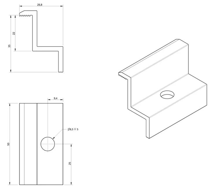 Koncová svorka H35 Hliník 6060 otvor M8 PV-03-05 (3)