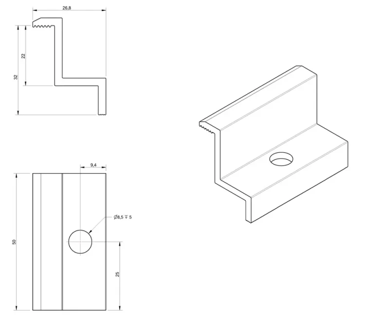 Koncová svorka H32 Hliník 6060 otvor M8 PV-03-03 (3)