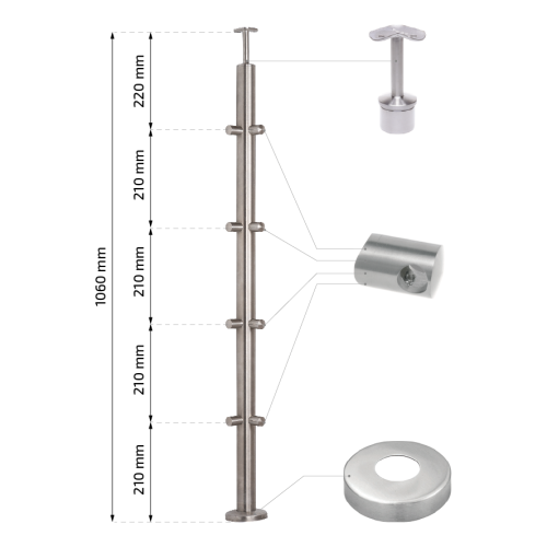 PSG rohový zábradlový sloupek ocelový AISI 304 ø42,4 mm H1060 mm s držáky na trubky ø12 mm 001-206 (2)